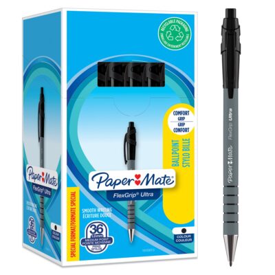 Paper Mate Flexgrip Ultra Retractable Ballpoint Pen 1.0mm Tip 0.5mm Line Black (Pack 30+6) - 1910073