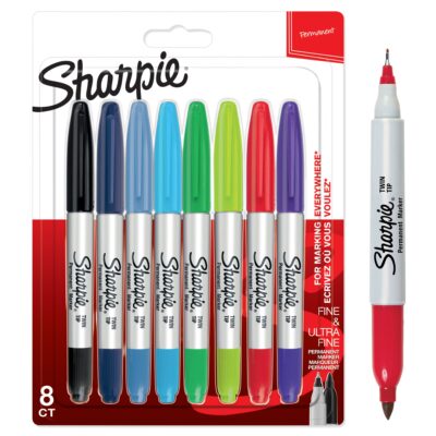 Sharpie Twin Tip Permanent Marker 0.5mm and 0.7mm Line Assorted Colours (Pack 8) – 2065409