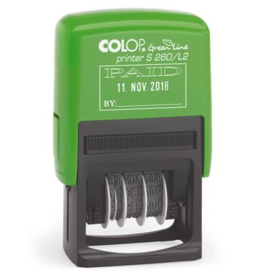 Colop Green Line S260/L2 Self Inking Word and Date Stamp PAID 24x45mm Blue/Red Ink – 105652