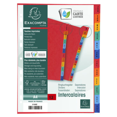 Exacompta Index Jan-Dec A4 225gsm Pressboard Assorted Colours – 3109Z