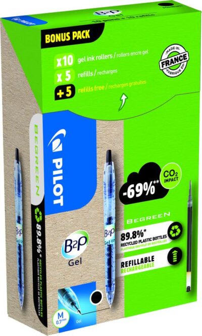 Pilot Greenpack Begreen B2P Retractable Gel Rollerball Pen Recycled 0.7mm Tip 0.39mm Line Black (Pack 10 + 10 Refills) - WLT556190