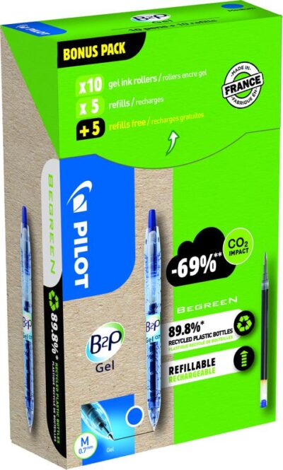 Pilot Greenpack Begreen B2P Retractable Gel Rollerball Pen Recycled 0.7mm Tip 0.39mm Line Blue (Pack 10 + 10 Refills) - WLT556206