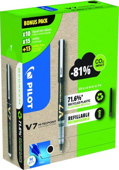Pilot Greenpack Begreen V7 Hi-Tecpoint Cartridge System Liquid Ink Rollerball Pen Recycled 0.7mm Tip 0.5mm Line Black (Pack 10+30 Refills) - WLT556251