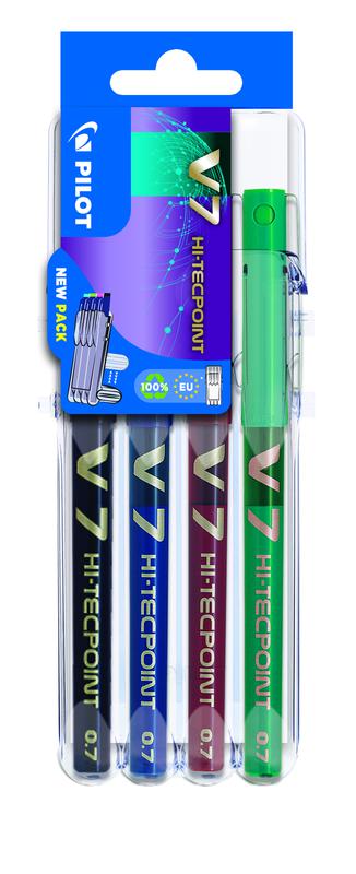Pilot Set2Go V7 Hi-Tecpoint Liquid Ink Rollerball Pen 0.7mm Tip 0.5mm Line Black/Blue/Green/Red (Pack 4) - S2G573487