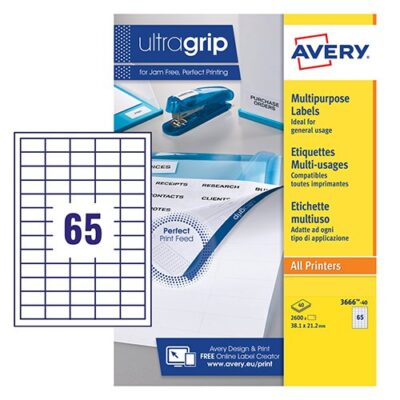 Avery Multipurpose Label 38×21.2mm 65 Per A4 Sheet White (Pack 2600 Labels) 3666-40