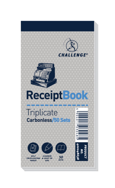 Challenge 140x70mm Triplicate Receipt Book Carbonless 1-50 Taped Cloth Binding 50 Sets (Pack 10) – 400048638