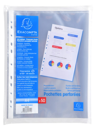 Exacompta Multi Punched Pocket Polypropylene A4 60 Micron Top Opening Clear (Pack 50) – 5250E