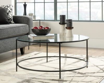 Hampstead Park Circular Coffee Table with Glass Top and Black Metal Frame – 5414970