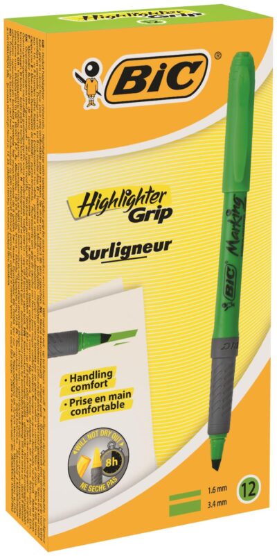 Bic Grip Highlighter Pen Chisel Tip 1.6-3.3mm Line Green (Pack 12) - 811932