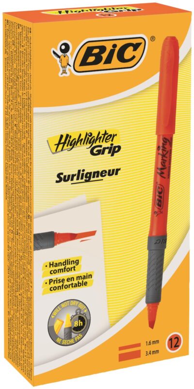 Bic Grip Highlighter Pen Chisel Tip 1.6-3.3mm Line Orange (Pack 12) – 811933