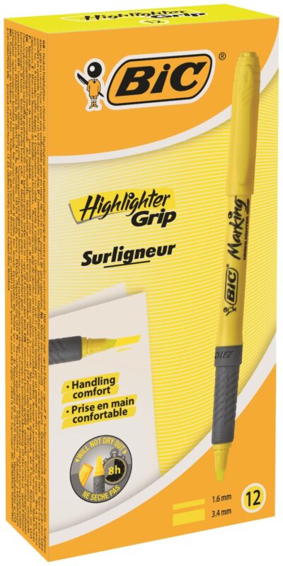 Bic Grip Highlighter Pen Chisel Tip 1.6-3.3mm Line Yellow (Pack 12) – 811935