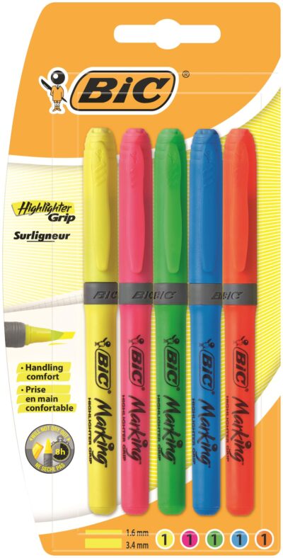 Bic Grip Highlighter Pen Chisel Tip 1.6-3.3mm Line Assorted Colours (Pack 5) – 824758