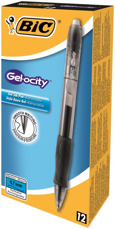 Bic Gel-ocity Grip Retractable Gel Rollerball Pen 0.7mm Tip 0.3mm Line Black (Pack 12) - 829157