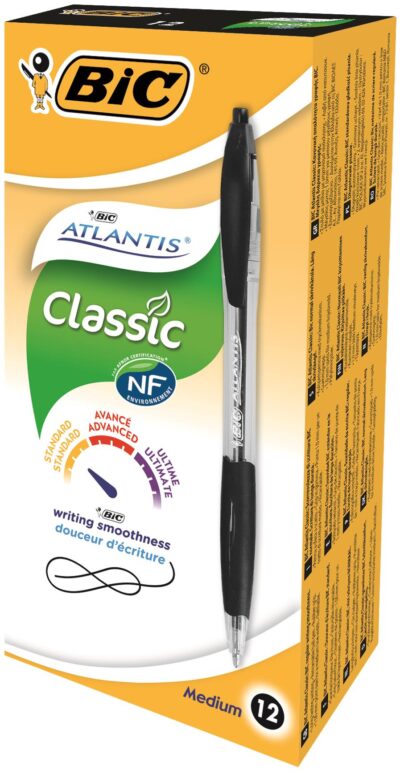 Bic Atlantis Retractable Ballpoint Pen 1mm Tip 0.32mm Line Black (Pack 12) - 8871321