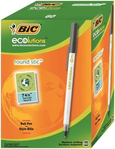 Bic Ecolutions Round Stic Ballpoint Pen Recycled 1mm Tip 0.32mm Line Black (Pack 60) - 8932392