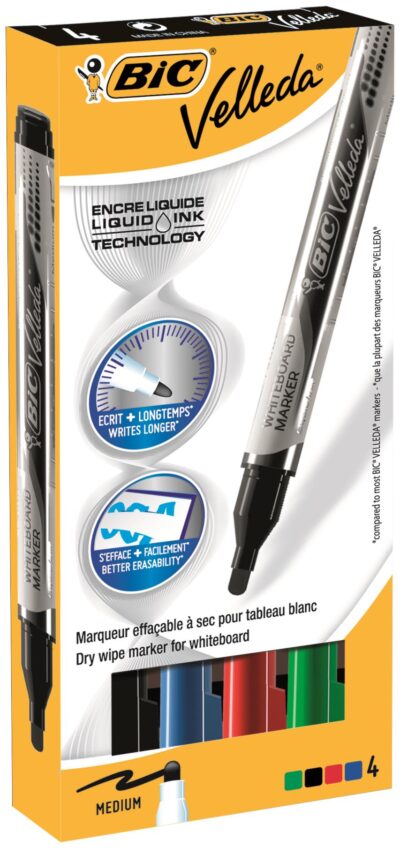 Bic Velleda Pocket Liquid Ink Whiteboard Marker Bullet Tip 2.2mm Line Assorted Colours (Pack 4) – 902094