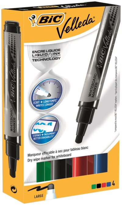 Bic Velleda Pocket Liquid Ink Whiteboard Marker Bullet Tip 2.3mm Line Assorted Colours (Pack 4) - 902099