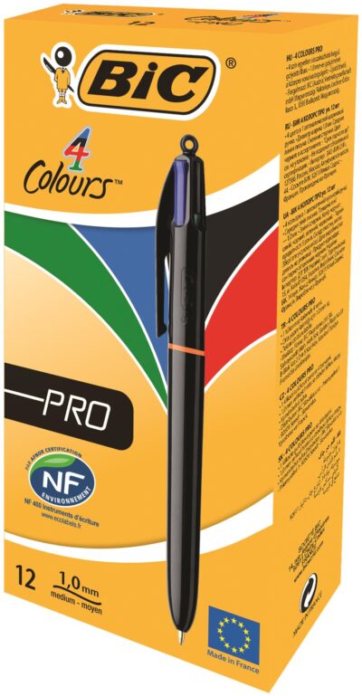Bic 4 Colours Pro Ballpoint Pen 1mm Tip 0.32mm Line Black Barrel Black/Blue/Green/Red Ink (Pack 12) - 982869