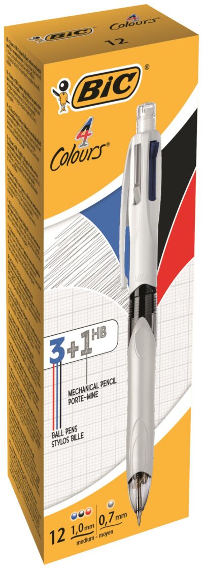 Bic 4 Colours Multifunction Ballpoint Pen and Pencil 1mm Tip 0.32mm Line and 0.7mm Lead Silver/White Barrel Black/Blue/Red/Pencil (Pack 12) - 942104