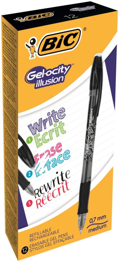 Bic Gel-ocity Illusion Erasable Gel Rollerball Pen 0.7mm Tip 0.3mm Line Black (Pack 12) - 943441