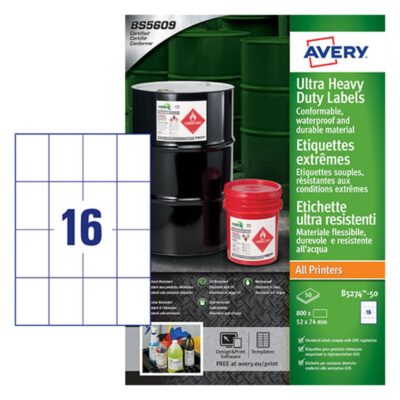 Avery Heavy Duty Ultra Resistant Label 52x74mm 16 Per A4 Sheet White (Pack 800 Labels) – B5274-50