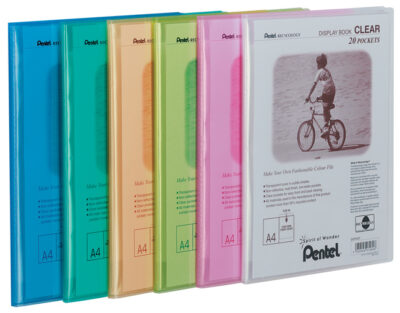 Pentel Recycology A4 Display Book Clear 20 Pocket Assorted Colours (Pack 5) - DCF242/MIX