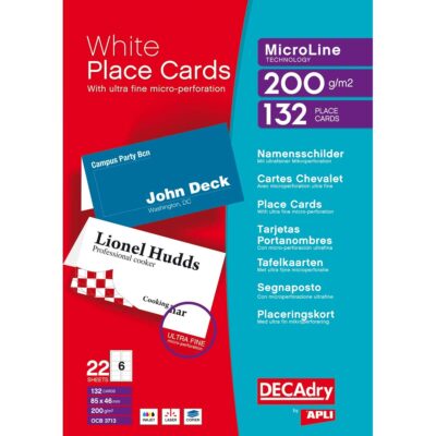 DECAdry Folding Place Card 85x46mm 6 Per Sheet 200gsm White (Pack 132) - OCB3713-3