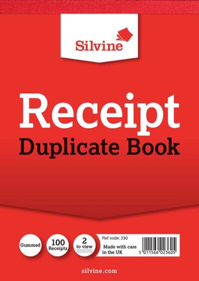 Silvine 105x148mm Duplicate Receipt Book Carbon Gummed Taped Cloth Binding 100 Sets (Pack 12) – 230