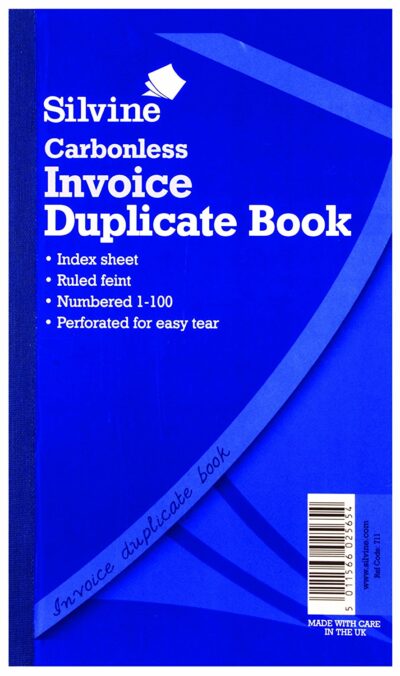 Silvine 210x127mm Duplicate Invoice Book Carbonless Ruled 1-100 Taped Cloth Binding 100 Sets (Pack 6) – 711