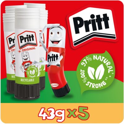 Pritt Original Glue Stick Sustainable Long Lasting Strong Adhesive Solvent Free Value Pack 43g (Pack 5) – 1456072