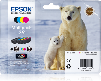Epson 26 Polar Bear Black Cyan Magenta Yellow Standard Capacity Ink Cartridge Multipack 6ml + 3 x 4.5ml (Pack 4) - C13T26164010