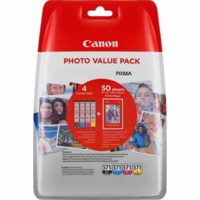 Canon CLI571 Photo Black Cyan Magenta Yellow Standard Capacity Ink Multipack 4 x 7ml (Pack 4) + 50 Sheets 10 x 15cm Photo Paper Value Pack - 0386C006