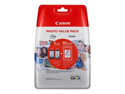 Canon PG545XL CL546XL High Yield Black 15ml + Tri- Colour Ink Cartridge 13ml + 50 Sheets 10 x 15cm Glossy Photo Paper Value Pack – 8286B006