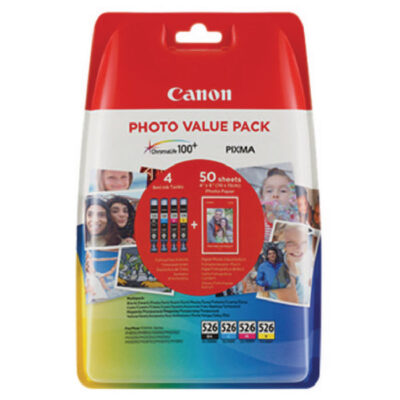 Canon CLI526 Photo Black Cyan Magenta Yellow Standard Capacity Ink Multipack 4 x 9ml (Pack 4) + 50 sheets 10 x 15cm Photo Paper Value Pack – 4540B017