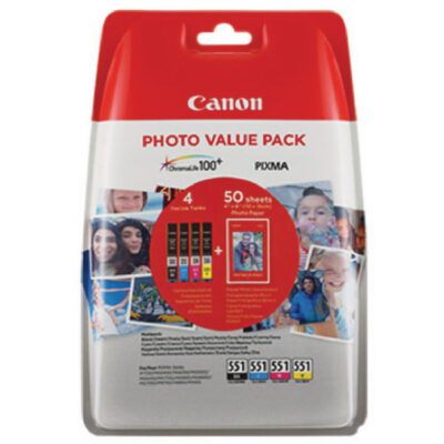Canon CLI551 Black Cyan Magenta Yellow Standard Capacity Ink Multipack 4 x 7ml (Pack 4) + 50 Sheets 10 x 15cm Photo Paper Value Pack – 6508B005