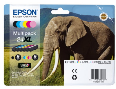 Epson 24XL Elephant Black Cyan Magenta Yellow High Yield Ink Cartridge Multipack 10ml + 5 x 8.7ml - C13T24384011