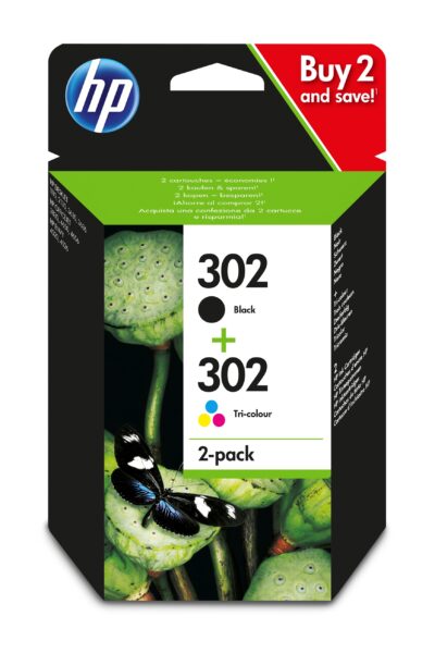 HP 302 Black Tri- Colour Standard Capacity Ink Cartridge Twinpack 170 pages + 150 pages (Pack 2) – X4D37AE