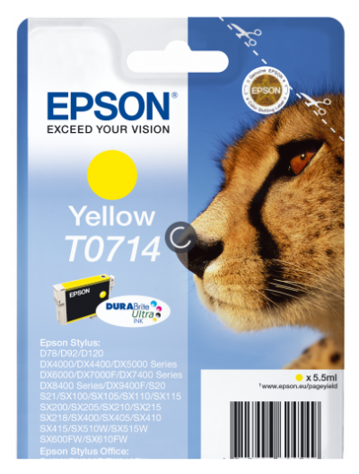 Epson T0714 Cheetah Yellow Standard Capacity Ink Cartridge 6ml - C13T07144012