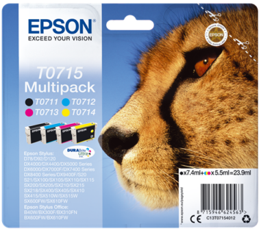 Epson T0715 Cheetah Black Cyan Magenta Yellow Standard Capacity Ink Cartridge Multipack 7.4ml + 3 x 5.5ml (Pack 4) - C13T07154012