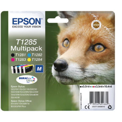 Epson T1285 Fox Black Cyan Magenta Yellow Standard Capacity Ink Cartridge Multipack 6ml + 3 x 3.5ml (Pack 4) - C13T12854012