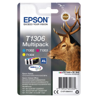 Epson T1306 Stag Cyan Magenta Yellow High Yield Ink Cartridge Multipack 3 x 10ml (Pack 3) - C13T13064012