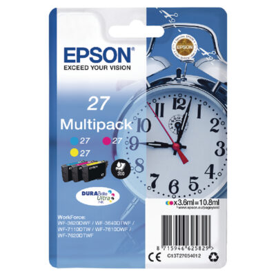 Epson 27 Alarm Clock Cyan Magenta Yellow Standard Capacity Ink Cartridge Multipack 3 x 4ml (Pack 3) - C13T27054012