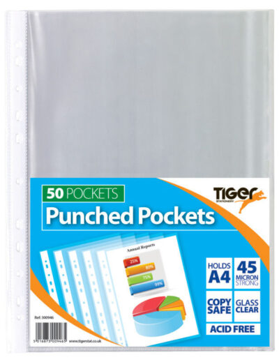 Tiger Multi Punched Pocket Polypropylene A4 45 Micron Top Opening Clear (Pack 50) – 300946