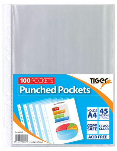 Tiger Multi Punched Pocket Polypropylene A4 45 Micron Top Opening Clear (Pack 100) – 300947