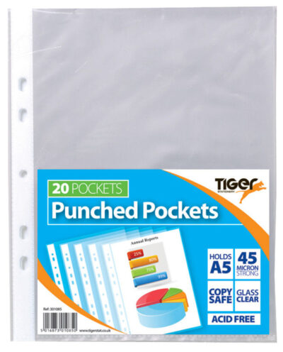 Tiger Multi Punched Pocket Polypropylene A5 45 Micron Top Opening Clear (Pack 20) – 301085
