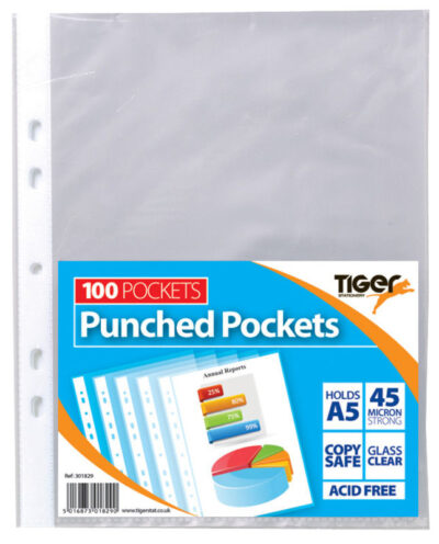 Tiger Multi Punched Pocket Polypropylene A5 45 Micron Top Opening Clear (Pack 100) – 301829