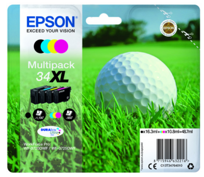 Epson 34XL Golfball Black Cyan Magenta Yellow High Yield Ink Cartridge Multipack 16ml + 3 x 11ml (Pack 4) - C13T34764010