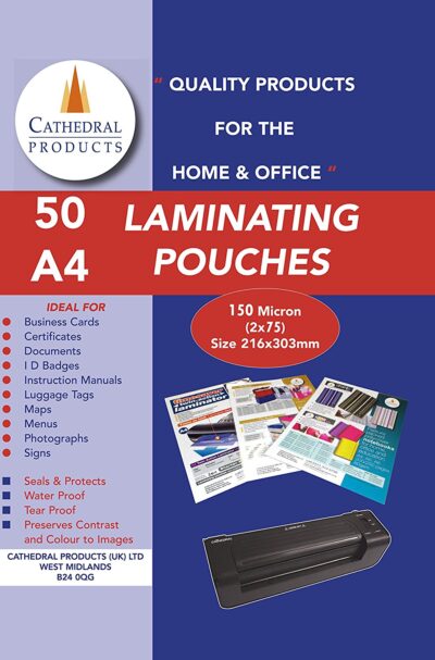 Cathedral Laminating Pouch A4 2×75 Micron Gloss (Pack 50) – LPA416050