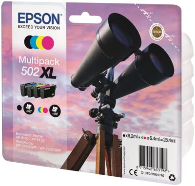Epson 502XL Binoculars Black Cyan Magenta Yellow High Yield Ink Cartridge Multipack 9.2ml + 3 x 6.4ml (Pack 4) - C13T02W64010