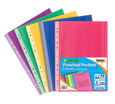 Tiger Multi Punched Pocket Polypropylene A4 45 Micron Top Opening Coloured (Pack 50) – 301735